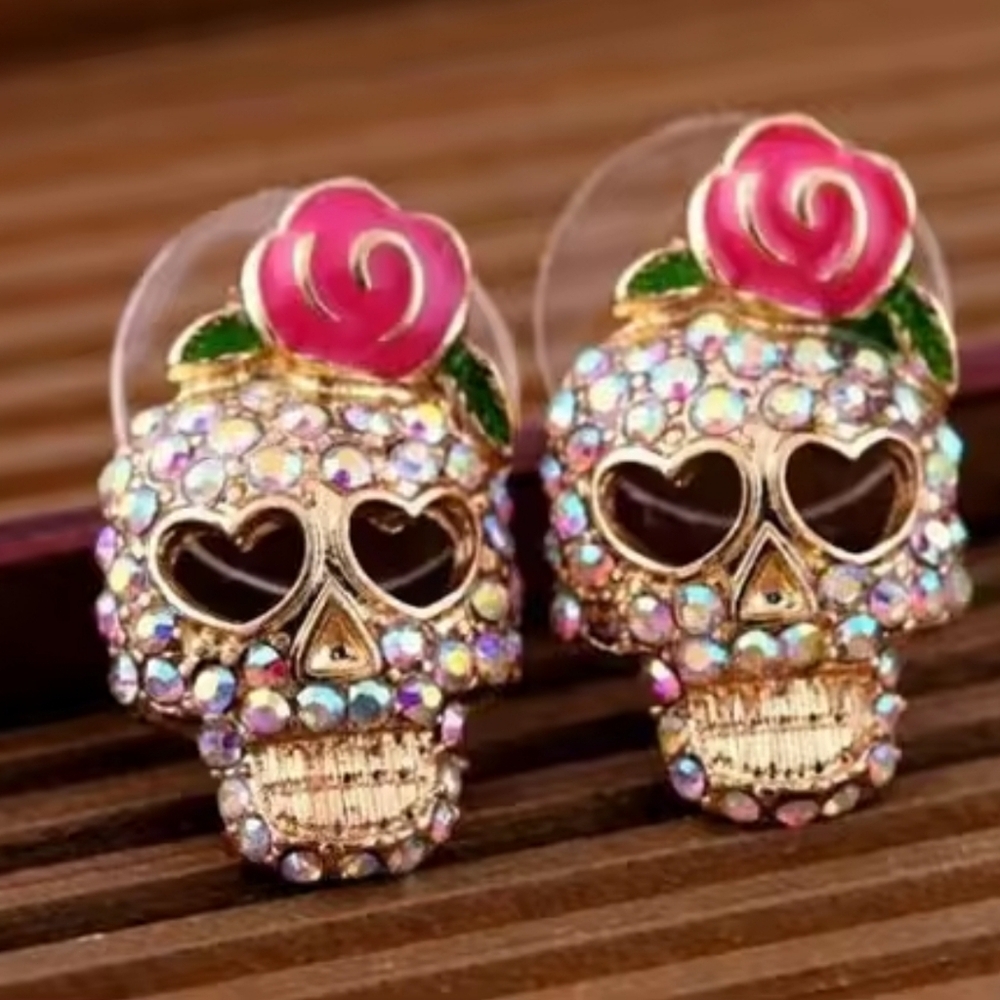 Gold and Pink Skull Earrings - Picture 3 of 7